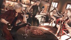 2boys 2girls alpha:_crimson_weave_(pgr) alpha_(pgr) asymmetrical_clothes bar_(place) black_coat black_gloves black_hair black_pants black_shirt book closed_mouth coat commentary cup dante_(devil_may_cry) devil_may_cry_(series) devil_may_cry_5 drinking_glass english_commentary fingerless_gloves food gloves gradient_hair grey_hair hand_on_own_hip highres holding holding_book holding_cup ice_cream kei_(keiuu) long_hair looking_at_viewer lucia:_pyroath_(pgr) lucia_(pgr) multicolored_hair multiple_boys multiple_girls open_book pants pizza ponytail punishing:_gray_raven red_coat red_hair shirt short_hair single_pantsleg sitting smile sundae twintails vergil_(devil_may_cry) white_coat white_hair white_pants