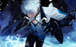 1boy antenna_hair belt black_gloves black_jacket black_pants blue_belt blue_eyes cleavage_cutout closed_mouth clothing_cutout colored_eyelashes commentary cryokinesis diamond_cutout english_commentary from_above gloves highres holding holding_weapon honkai_(series) honkai_impact_3rd jacket kevin_kaslana long_hair looking_ahead male_focus motion_blur open_clothes open_jacket pants serious shinchora shirt short_hair snowflakes snowing solo very_short_hair weapon white_eyelashes white_hair white_shirt