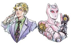 Rule 34 | 1boy, 1other, animal ears, black gloves, blonde hair, blue eyes, cat ears, cheekbones, collared shirt, colored sclera, commentary, cropped torso, diamond wa kudakenai, english commentary, formal clothes, gloves, green shirt, holding hands, jacket, jojo no kimyou na bouken, killer queen, kira yoshikage, male focus, necktie, painting (medium), pinstripe pattern, pinstripe shirt, purple jacket, red sclera, shirt, si3art, signature, slit pupils, spikes, stand (jojo), striped clothes, striped shirt, suit, traditional media, upper body, vertical-striped clothes, vertical-striped shirt, watercolor (medium), white background