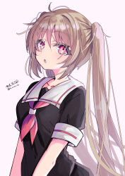 1girl absurdres artist_name black_ribbon black_serafuku breasts brown_eyes brown_hair hair_ribbon highres hizaka kantai_collection long_hair looking_at_viewer medium_breasts murasame_(kancolle) neckerchief open_mouth red_neckerchief ribbon sailor_collar school_uniform serafuku solo twintails twitter_username upper_body white_background white_sailor_collar