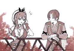 1boy 1girl atelier_(series) atelier_ryza beret braid breasts fang gloves hair_ornament hairpin hat jewelry kaninoko large_breasts looking_at_another pendant reisalin_stout single_glove