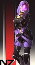 1girl alien alternate_breast_size arm_behind_back armored_boots belt_pouch black_bodysuit bodysuit boots breasts facing_viewer feet_out_of_frame fewer_digits glowing glowing_eyes head_tilt helmet highres hood hood_up justrube knee_pads large_breasts mass_effect_(series) mass_effect_1 opaque_helmet pouch purple_hood quarian skin_tight solo tali&#039;zorah