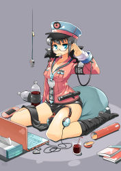 1girl absurdres armband bad_id bad_pixiv_id black_hair black_thighhighs blue_eyes breasts chips_(food) cleavage computer computer_keyboard female_focus flashlight food fukumaaya glasses grey_background hair_ornament hairclip handheld_game_console hat headphones headphones_removed highres key laptop medium_breasts mouth_hold neet original peaked_cap pillow playstation_portable potato_chips salute seida short_shorts shorts single_thighhigh sitting solo thighhighs tissue tissue_box wariza whistle