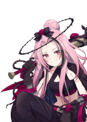 Rule 34 | 1girl, baseball bat, black gloves, black hair, black jacket, blush, bow, breasts, cleavage, delinquent, fang, flower, gloves, grin, hair bow, hair bun, hair flower, hair ornament, halo, highres, holding, holding baseball bat, jacket, jacket on shoulders, long hair, looking at viewer, midriff, multicolored hair, nijisanji, nijisanji en, pink hair, plant, red eyes, red flower, red rose, rose, rosemi lovelock, rosemi lovelock (4th costume), simple background, small breasts, smile, solo, squatting, streaked hair, sukeban, thorns, valefal coneri, vines, virtual youtuber, white background