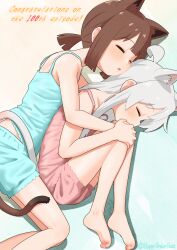 2girls ahoge animal_ear_fluff animal_ears bare_arms bare_legs bare_shoulders barefoot blue_camisole blue_shorts blunt_bangs brown_hair camisole cat_ears cat_girl cat_tail closed_eyes commentary_request congratulations english_text extra_ears hands_on_own_knees happyundergate highres hozuki_momiji hug kemonomimi_mode long_hair lying multiple_girls on_side onii-chan_wa_oshimai! open_mouth oyama_mahiro pink_camisole pink_shorts ponytail short_hair short_ponytail shorts simple_background spaghetti_strap tail toe_scrunch twitter_username white_hair