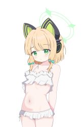 1girl :&lt; absurdres animal_ear_headphones animal_ears aqua_bow arms_behind_back bare_arms bare_shoulders bikini bikini_skirt blonde_hair blue_archive blunt_bangs blush bow breasts cat_ear_headphones cat_ears chinese_commentary closed_mouth collarbone commentary_request cowboy_shot dot_nose duochichufanghuashengmi expressionless eyes_visible_through_hair fake_animal_ears frilled_bikini frills green_eyes green_halo hair_bow halo headphones highres looking_at_viewer low-tied_sidelocks medium_hair midori_(blue_archive) mixed-language_commentary multiple_hair_bows navel parted_bangs side-tie_bikini_bottom sidelocks simple_background small_breasts solo spaghetti_strap split_mouth stomach swimsuit white_background white_bikini
