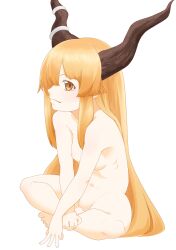 1girl absurdres blonde_hair breasts brown_horns closed_mouth commentary_request completely_nude full_body highres horns ibuki_suika indian_style kurohiba long_hair looking_at_viewer navel nipples nude pointy_ears sidelocks simple_background sitting small_breasts smile solo touhou very_long_hair yellow_eyes
