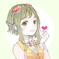 1girl :d bare_shoulders blush buttons chest_jewel collar commentary_request fingernails goggles goggles_on_head green_background green_eyes green_hair green_nails gumi hand_up headphones heart lapels looking_at_viewer nail_polish notched_lapels open_mouth orange_shirt pointing pointing_at_self red-tinted_eyewear shirt short_hair_with_long_locks sidelocks sleeveless sleeveless_shirt smile solo tententuyu tinted_eyewear upper_body vocaloid white_collar wing_collar wrist_cuffs