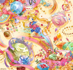 1990s_(style) 1girl balloon bishoujo_senshi_sailor_moon bishoujo_senshi_sailor_moon_(first_season) blonde_hair blue_eyes blue_sailor_collar blue_skirt boots bow box brooch cake candy choker colorful double_bun donut earrings elbow_gloves female_focus flower food gloves hair_bun hair_ornament hairpin highres jewelry knee_boots long_hair magical_girl moon_stick planet pleated_skirt rainbow red_bow retro_artstyle ribbon rocket sailor_collar sailor_moon signature skirt smile solo star_(symbol) tamaru tiara tsukino_usagi twintails