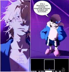 2boys alien_stage artist_name black_shorts blonde_hair blue_jacket commentary crossover english_commentary english_text glowing glowing_eye hands_in_pockets headset health_bar heart highres hollow_eyes jacket luka_(alien_stage) male_focus microphone multiple_boys pink_slippers sans_(undertale) shirt short_hair shorts skeleton slippers smile uchiha_i_arts undertale user_interface white_hood white_shirt yellow_eyes