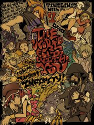4girls 6+boys animal_hood bear bito_daisukenojo bito_raimu blue_eyes brown_hair cat_hood cellphone facial_mark flip_phone frog furesawa_tosai glases grey_hair hat high_collar holding holding_phone hood kanade_rindo kiryu_yoshiya mask megaphone minamimoto_sho misaki_shiki monster mouth_mask multiple_boys multiple_girls newsboy_cap nyantan orange_hair phone purple_hair red_hair sakuraba_neku sakurane_shoka shin_subarashiki_kono_sekai smartphone spiked_hair subarashiki_kono_sekai usui_nagi whisker_markings wolf wristband