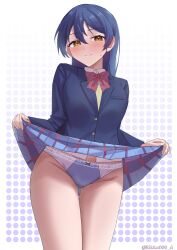 1girl absurdres blue_hair blue_jacket blue_panties blue_skirt blush bow closed_mouth clothes_lift commentary_request commission hair_between_eyes highres jacket lifting_own_clothes long_hair looking_at_viewer love_live! orange_hair otonokizaka_school_uniform panties pixiv_commission pleated_skirt red_bow rikka006 school_uniform skirt skirt_lift solo sonoda_umi sweat twitter_username underwear