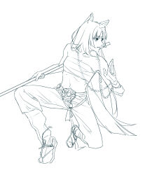 Rule 34 | 1girl, animal ears, arknights, bare shoulders, bead necklace, beads, breasts, chest sarashi, chinese commentary, cleavage, commentary request, facial mark, forehead mark, full body, highres, holding, holding pole, holding weapon, jewelry, lineart, long hair, looking to the side, midriff, monochrome, navel, necklace, no shirt, on one knee, pants, parted bangs, parted lips, pole, saga (arknights), sandals, sarashi, simple background, sketch, solo, tabi, thewintermarket, turning head, weapon, white background