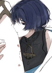 Rule 34 | 1boy, absurdres, artist name, bite mark, bite mark on thigh, black bodysuit, black hair, blue kimono, blunt ends, bodysuit, covered collarbone, deep skin, eyeliner, eyeshadow, feet, female pov, fingernails, genshin impact, hetero, hickey, highres, japanese clothes, juban, kimono, kissing thigh, leg up, looking at viewer, lumine (genshin impact), makeup, mandarin collar, multicolored hair, nan7719318, open clothes, open kimono, pov, pov legs, purple eyes, purple hair, red eyeliner, red eyeshadow, scaramouche (genshin impact), shoulder peek, streaked hair, thigh grab, tsurime, wanderer (genshin impact), white background, white kimono