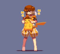 1boy 1girl animal_ears animated animated_gif barefoot blonde_hair blush_stickers cheek_pull chewing crossover detective_pikachu_(character) detective_pikachu_(game) detective_pikachu_(series) eating flat_cap floppy_ears gen_1_pokemon hat mg_mg migel_futoshi nintendo pikachu pixel_art pokemon pokemon_(creature) puffy_pants rabbit_ears red_eyes ringo_(touhou) short_hair shorts simple_background standing sweat touhou