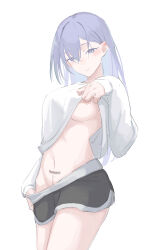 1girl :o absurdres bandaid bandaids_on_nipples black_shorts blue_hair blush breasts clothes_lift clothes_pull dick-o-meter highres idolmaster idolmaster_shiny_colors length_markings long_hair looking_at_viewer masshiromilktea11014 medium_breasts navel pasties shirt shirt_lift shorts shorts_pull simple_background solo stomach straight_hair suzuki_hana torso_flash very_long_hair white_background white_shirt