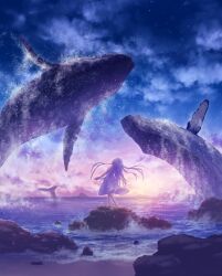 Rule 34 | 1girl, absurdres, au ito, bare arms, barefoot, beach, cloud, cloudy sky, commentary request, dress, dusk, en pointe, floating clothes, floating hair, from behind, highres, horizon, humpback whale, long hair, night, night sky, ocean, original, rock, sand, scenery, sky, sleeveless, sleeveless dress, solo, standing, star (sky), starry sky, very long hair, water, waves, white dress, white hair, wide shot