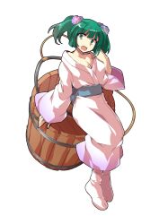 1girl blue_sash blunt_bangs breasts bucket cleavage collarbone commentary_request commission dairi flower full_body green_eyes green_hair hair_flower hair_ornament hand_up highres japanese_clothes kimono kisume large_variant_set long_sleeves looking_at_viewer no_shoes obi open_mouth raised_eyebrows sash short_hair skeb_commission socks solo standing tabi tachi-e touhou transparent_background twintails variant_set white_kimono white_socks wide_sleeves