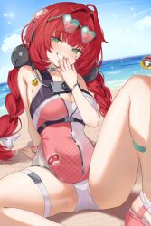 1girl absurdres arm_support bandaid bandaid_on_leg beach blue_sky blunt_bangs blush bracelet breasts choker cleavage cloud covered_navel day green_eyes hair_ornament hand_to_own_mouth heart heart-shaped_eyewear highres horizon jewelry long_braid long_hair looking_at_viewer ocean official_alternate_costume one-piece_swimsuit open_mouth outdoors pink_one-piece_swimsuit raccoon red_hair sand serafhin sitting sky smile smirk smug solo sphere_hair_ornament spread_legs swimsuit thigh_strap twintails two-tone_one-piece_swimsuit ukinami_yuzuha ukinami_yuzuha_(tanuki_in_broad_daylight) very_long_hair water white_choker white_one-piece_swimsuit yellow_nails zenless_zone_zero