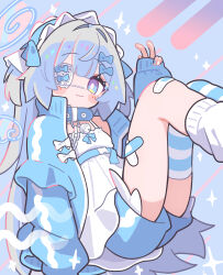 1girl absurdres anomea_(vrchat) asymmetrical_legwear attaka_tea bandaid bandaid_on_knee bandaid_on_leg bell blue_background blue_bow blue_collar blue_eyes blue_hairband blue_jacket blue_nails blue_shorts blue_thighhighs blunt_bangs blush blush_stickers bow camisole chain closed_mouth collar dress eyepatch feet_out_of_frame grey_hair hair_bow hair_intakes hairband halo hand_up highres jacket jingle_bell knees_up leg_warmers long_hair long_sleeves looking_at_viewer loose_socks maid maid_headdress medical_eyepatch nail_polish neck_bell open_clothes open_jacket shorts single_thighhigh sleeves_past_wrists smile socks solo sparkle striped_clothes striped_thighhighs thighhighs track_jacket two_side_up unconventional_maid uneven_legwear v very_long_hair vrchat white_bow white_camisole white_dress white_halo white_socks