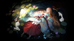 Rule 34 | 1girl, absurdres, afloat, black gloves, bug, butterfly, code: dragon blood, commentary, dragon raja, elbow gloves, fingerless gloves, fish, flower, flower knot, from above, full body, gloves, hair ornament, hakama, hakama skirt, highres, insect, japanese clothes, kayakooooo, koi, lily (flower), lily pad, long hair, long skirt, long sleeves, looking at viewer, lotus, lying, miko, on back, pink hair, red eyes, red hakama, revision, ripples, skirt, uesugi erii, water, water lily flower