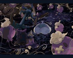 ._. awai_(pixiv29777040) black_eyes commentary_request creature creatures_(company) dhelmise closed_eyes floating game_freak gen_1_pokemon gen_5_pokemon gen_7_pokemon gengar jellicent jellicent_(male) letterboxed nintendo no_humans pokemon pokemon_(creature) starmie staryu water