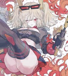 Rule 34 | 1girl, ass, blonde hair, breasts, burnice white, fingerless gloves, fire, flamethrower, gloves, highres, jacket, large breasts, legs together, midriff, miniskirt, one eye closed, parted lips, red eyes, rocb, skirt, smile, solo, strapless, sunglasses, thighhighs, tube top, twintails, weapon, zenless zone zero