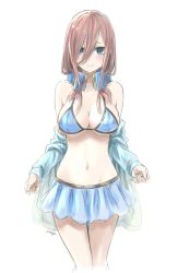 1girl bare_shoulders bikini bikini_top_only blue_eyes blue_sweater blush breasts brown_hair cleavage closed_mouth commentary_request go-toubun_no_hanayome hair_between_eyes headphones headphones_around_neck highres large_breasts looking_at_viewer medium_hair mitsugu nakano_miku off_shoulder pleated_skirt skirt smile sweater swimsuit thighs underboob