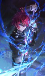 1boy ahoge arms_up artist_name black_pants black_streaks blue_eyes blue_fire chinese_commentary cowboy_shot fire gakuran gloves holding holding_sword holding_weapon last_defense_academy_school_uniform looking_at_viewer male_focus multicolored_hair pandasiren pants red_hair school_uniform short_hair solo streaked_hair sumino_takumi sword the_hundred_line_-last_defense_academy- watermark weapon white_gloves