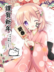 Rule 34 | 1girl, 2019, ;d, black bow, blush, bow, chinese zodiac, commentary request, gochuumon wa usagi desu ka?, hair between eyes, hair ornament, hairclip, hanetsuki, happy new year, head tilt, holding, hoto cocoa, japanese clothes, kimono, light brown hair, long sleeves, mask, mask on head, nanase miori, nengajou, new year, obi, one eye closed, open mouth, own hands together, pig mask, pink kimono, purple eyes, sash, sleeves past wrists, smile, tippy (gochiusa), translation request, wide sleeves, year of the pig