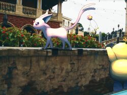 architecture building drifloon espeon flower full_body gem gen_1_pokemon gen_2_pokemon gen_3_pokemon gen_4_pokemon highres long_tail minun nintendo no_humans plusle pokemon pokemon_(creature) psyduck purple_eyes stone_wall tail tiptoes walking watawatakuro