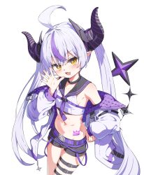 1girl absurdres ahoge black_shorts breasts demon_girl demon_horns demon_tail highres hololive horns jacket la+_darknesss long_hair long_sleeves looking_at_viewer mannack midriff multicolored_hair navel open_mouth pointy_ears puffy_long_sleeves puffy_sleeves purple_hair shorts small_breasts solo streaked_hair tail twintails very_long_hair virtual_youtuber white_jacket yellow_eyes