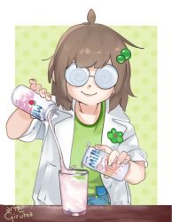 1girl ahoge alternate_costume blue_shorts brown_hair can child coke-bottle_glasses denim denim_shorts dotted_background fingernails food freckles fruit girutea glass glasses green_background green_hair_ornament green_shirt hair_ornament highres indie_virtual_youtuber lab_coat lily_hopkins liquid medium_hair messy_hair milk neck peach peach_milk round_eyewear science science_clothes shirt shorts simple_background smile spiral strawberry strawberry_milk table upper_body virtual_youtuber white_background wood wooden_table