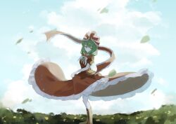 Rule 34 | 1girl, absurdres, boots, bow, dress, frilled bow, frilled dress, frilled ribbon, frills, front ponytail, green eyes, green hair, hair bow, hair ribbon, highres, kagiyama hina, looking at viewer, nekomarurio, red bow, red dress, red ribbon, ribbon, smile, solo, touhou, wind, wind lift