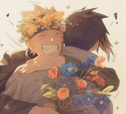 ! 2boys black_hair blonde_hair bouquet closed_eyes facial_mark fangs flower forehead_protector happy head_wreath heart holding holding_bouquet hug male_focus multiple_boys naruto_(series) short_hair smile tamelee uchiha_sasuke uzumaki_naruto whisker_markings