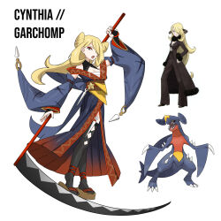 1girl absurdres arm_up black_footwear black_jacket black_pants black_shirt black_thighhighs blonde_hair blue_kimono blue_sleeves breasts bridal_gauntlets brown_footwear cleavage commentary cynthia_(pokemon) english_commentary garchomp gen_4_pokemon grey_eyes hair_over_one_eye high_heels highres holding holding_scythe jacket japanese_clothes kimono kunai long_hair long_sleeves medium_breasts nintendo off_shoulder okobo open_mouth pants platform_clogs platform_footwear platform_sandals pokemon pokemon_(creature) pokemon_dppt rhymewithray sandals sarashi scythe shirt simple_background thighhighs very_long_hair weapon white_background wide_sleeves zouri