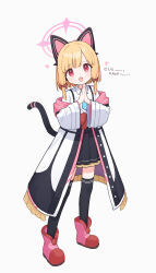 absurdres ame_miya_ta black_thighhighs blonde_hair blue_archive blue_necktie boots bow bowtie cat_tail coat halo highres looking_at_viewer momoi_(blue_archive) necktie pink_boots pink_halo pleated_skirt red_eyes short_hair skirt smile tail thighhighs white_background