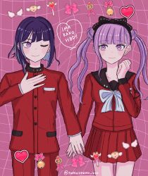 bell black_bow black_hairband black_headband blush bow brother_and_sister character_name closed_mouth eyelashes fingernails hair_bow hairband hand_up happy_birthday headband heart holding_hands long_sleeves one_eye_closed pants pink_background pink_bow pink_eyes pink_hair pleated_skirt purple_hair red_pants red_shirt red_skirt shirt siblings simple_background skirt smile standing the_hundred_line_-last_defense_academy- tsukumo_ima tsukumo_kako twins white_bow wings wink
