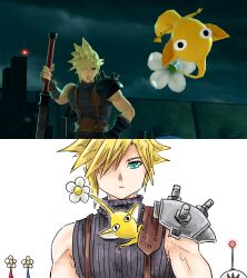 1boy blonde_hair blue_eyes blue_pikmin cloud_strife crossover final_fantasy final_fantasy_vii game_screenshot_inset highres holding holding_weapon kicdon male_focus nintendo olimar one_eye_in_shadow pikmin_(creature) pikmin_(series) red_pikmin sleeveless sleeveless_turtleneck spiked_hair super_smash_bros. suspenders turtleneck weapon yellow_pikmin