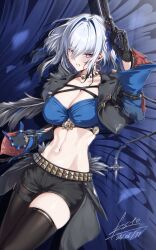 black_jacket black_pantyhose black_shorts black_thighhighs blue_bra blue_hair blue_nails bra breasts cleavage commentary dated esto_0079 feather_hair galbrena_(wuthering_waves) grey_hair gun hair_intakes highres holding holding_gun holding_weapon jacket large_breasts linea_alba long_hair looking_at_viewer multicolored_hair navel pantyhose purple_eyes shorts signature single_leg_pantyhose single_thighhigh smile stomach streaked_hair thighhighs thighs underwear very_long_fingernails weapon wuthering_waves