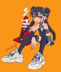1girl bare_shoulders black_hair black_sleeves black_thighhighs blue_shirt blue_skirt braid cigarette crop_top detached_sleeves dice dice_earrings double_bun earrings fila full_body hair_bun hair_ornament hand_up holding holding_cigarette light_blush long_hair long_sleeves looking_at_viewer miniskirt nao97122 orange_background orange_eyes original ringed_eyes shirt shoes signature simple_background sitting skirt sleeveless sleeveless_shirt smoke smoking sneakers solo thighhighs tongue tongue_out traffic_cone twin_braids very_long_hair white_shoes yin_yang yin_yang_print