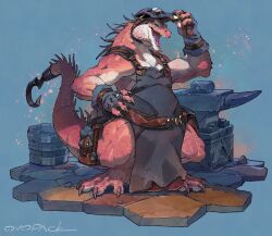1boy :d anvil apron artist_name belt belt_pouch black_apron blacksmith blue_background blue_gloves claws commentary fewer_digits fingerless_gloves fingernails forge full_body furry furry_male gloves goggles hammer hand_on_headwear hand_on_own_hip hand_up helmet highres hook looking_at_viewer male_focus murayama_ryota muscular muscular_male open_mouth original pouch reptile_boy scales sharp_teeth signature smile solo sparks spikes standing stone_floor tail teeth unworn_headwear unworn_helmet yellow_eyes