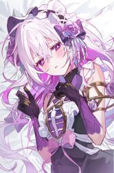 1girl black_dress black_gloves black_hairband blush bright_pupils castorice_(honkai:_star_rail) character_name commentary dress gloves hair_between_eyes hairband highres honkai:_star_rail honkai_(series) long_hair looking_at_viewer parted_lips pink_eyes sha_(nz2) sleeveless sleeveless_dress solo symbol-only_commentary upper_body white_hair white_pupils