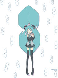 1girl aqua_eyes aqua_hair aqua_necktie artist_logo bare_shoulders black_skirt black_sleeves black_thighhighs commentary cool_s detached_sleeves digiral english_commentary floating_hair full_body grey_shirt hair_ornament hatsune_miku highres logo long_hair looking_at_viewer miniskirt necktie own_hands_together pleated_skirt shirt skirt sleeveless sleeveless_shirt smile solo steepled_fingers thighhighs twintails very_long_hair vocaloid white_background zettai_ryouiki