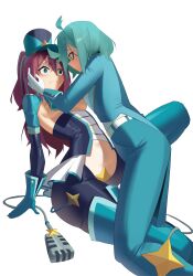 Rule 34 | 2girls, absurdres, ahoge, akoya matama, anemo nemo, black pants, blue eyes, blue gloves, blue hair, blue jacket, blue pants, blush, brown hair, closed mouth, commentary, commission, english commentary, gloves, hakhpu, hand in another&#039;s hair, hat, highres, jacket, leberblume, loco musica, maebari, mahou shoujo ni akogarete, microphone, multicolored hair, multiple girls, pants, pasties, revealing clothes, simple background, smile, streaked hair, white background, yuri