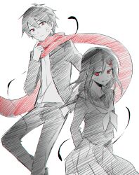 1boy 1girl aaniko borrowed_clothes closed_mouth commentary_request couple cowboy_shot evil_smile feet_out_of_frame gakuran greyscale hair_between_eyes hair_ornament hairclip hand_in_pocket jacket kagerou_project kisaragi_shintarou long_hair long_sleeves looking_at_viewer looking_to_the_side monochrome open_clothes open_jacket pants parted_lips pleated_skirt red_eyes sailor_collar scales school_uniform serafuku shirt short_hair simple_background sketch skirt smile spot_color tateyama_ayano tsurime white_background