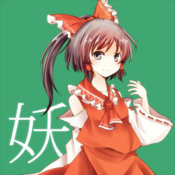 1girl alternate_hairstyle ascot bad_id bad_pixiv_id blush bow brown_eyes brown_hair detached_sleeves female_focus hair_bow hair_tubes hakurei_reimu japanese_clothes long_hair miko pasutel perfect_cherry_blossom ponytail revision solo touhou upper_body