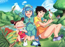 1980s_(style) 3girls :d aircraft airplane animal arm_belt basket black_eyes black_hair bloomers blue_eyes blue_hair blush blush_stickers brown_hair newsboy_cap child closed_eyes cloud cloudy_sky contrail corn crossover cucumber day dress eating field fluffy food forest fruit hair_bobbles hair_ornament hand_on_another&#039;s_shoulder happy hat highres house kawashiro_nitori key kneeling kusakabe_mei kusakabe_satsuki leaning_on_person long_sleeves looking_at_viewer multiple_girls nature oldschool onion_pikupiku open_mouth outdoors outstretched_arms panties pantyshot pinafore_dress pocket puffy_short_sleeves puffy_sleeves retro_artstyle rice_paddy salt salt_shaker scenery shirt shoes short_hair short_sleeves short_twintails siblings sisters sitting skirt skirt_set sky sleeveless_dress smile studio_ghibli suspenders susuwatari tomato tonari_no_totoro totoro touhou tree twintails underwear vegetable watermelon white_panties wing_collar yellow_shirt
