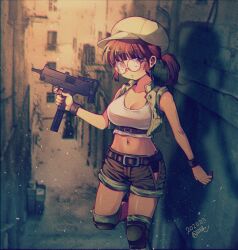 1girl arimura_marron bare_shoulders belt breasts brown_belt brown_hair brown_hat brown_shorts brown_vest cleavage collarbone commentary crop_top dated fio_germi glasses gun hat highres holding holding_gun holding_weapon knee_pads large_breasts looking_at_viewer mac-10/11 medium_hair metal_slug midriff navel open_clothes open_vest ponytail round_eyewear shadow shorts solo standing standing_on_one_leg submachine_gun tank_top vest weapon white_tank_top wristband