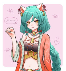 1girl :3 animal_ears aqua_hair arm_at_side bell bikini bikini_top_only black_bikini black_nails border braided_sidelocks breasts cat_ears cleavage coat commentary double-parted_bangs fangs hair_between_eyes hand_up heart highres indie_virtual_youtuber jingle_bell long_hair long_sleeves looking_at_viewer medium_breasts nail_polish navel neck_bell omocat_(character) open_clothes open_coat open_mouth orange_eyes outside_border paw_pose pink_background qq_(oooomoribiglove) red_coat simple_background single_bare_shoulder solo sparkling_eyes stomach swimsuit tri_braids tsurime upper_body very_long_hair virtual_youtuber white_border